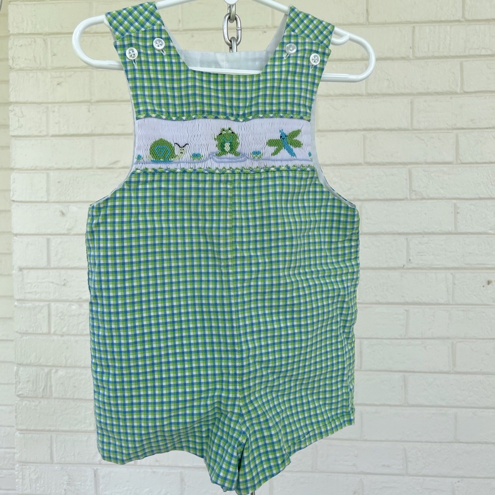 Smocked Jon Jon Shortall Romper in Plaid Cotton with Frog, Snail